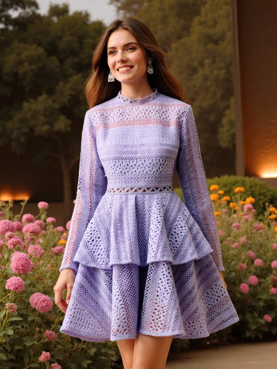 Vestido Curto com Manga Longa e Babados