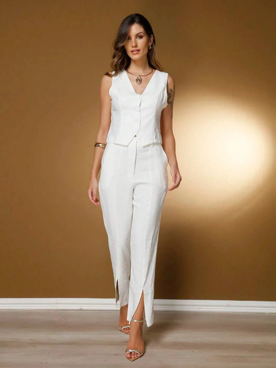 Conjunto Social Feminino com Colete e Calça em Tecido Marrant