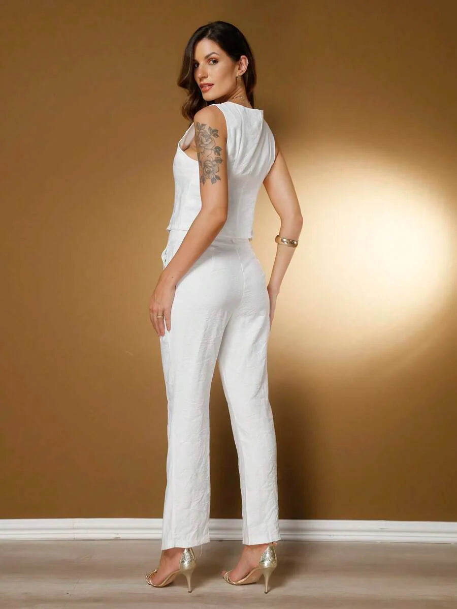 Conjunto Social Feminino com Colete e Calça em Tecido Marrant