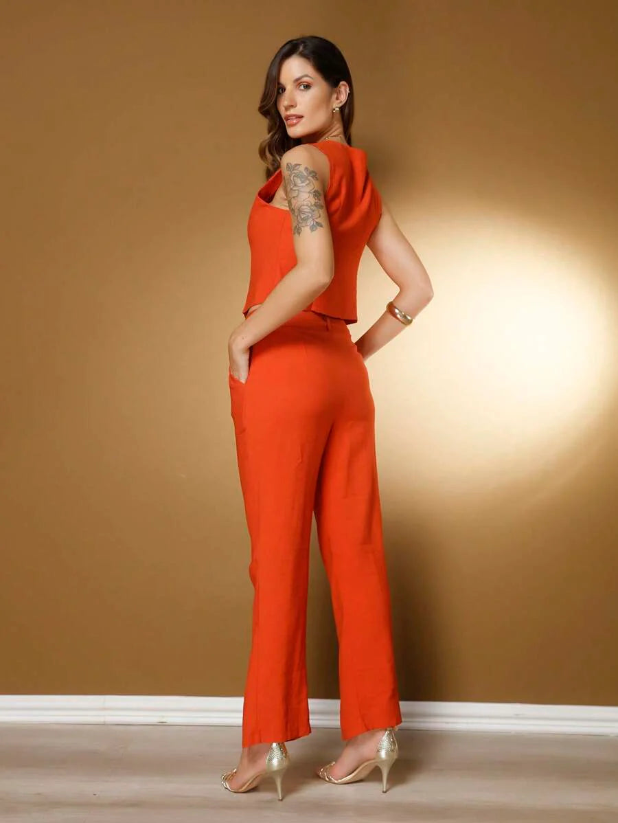 Conjunto Social Feminino com Colete e Calça em Tecido Marrant