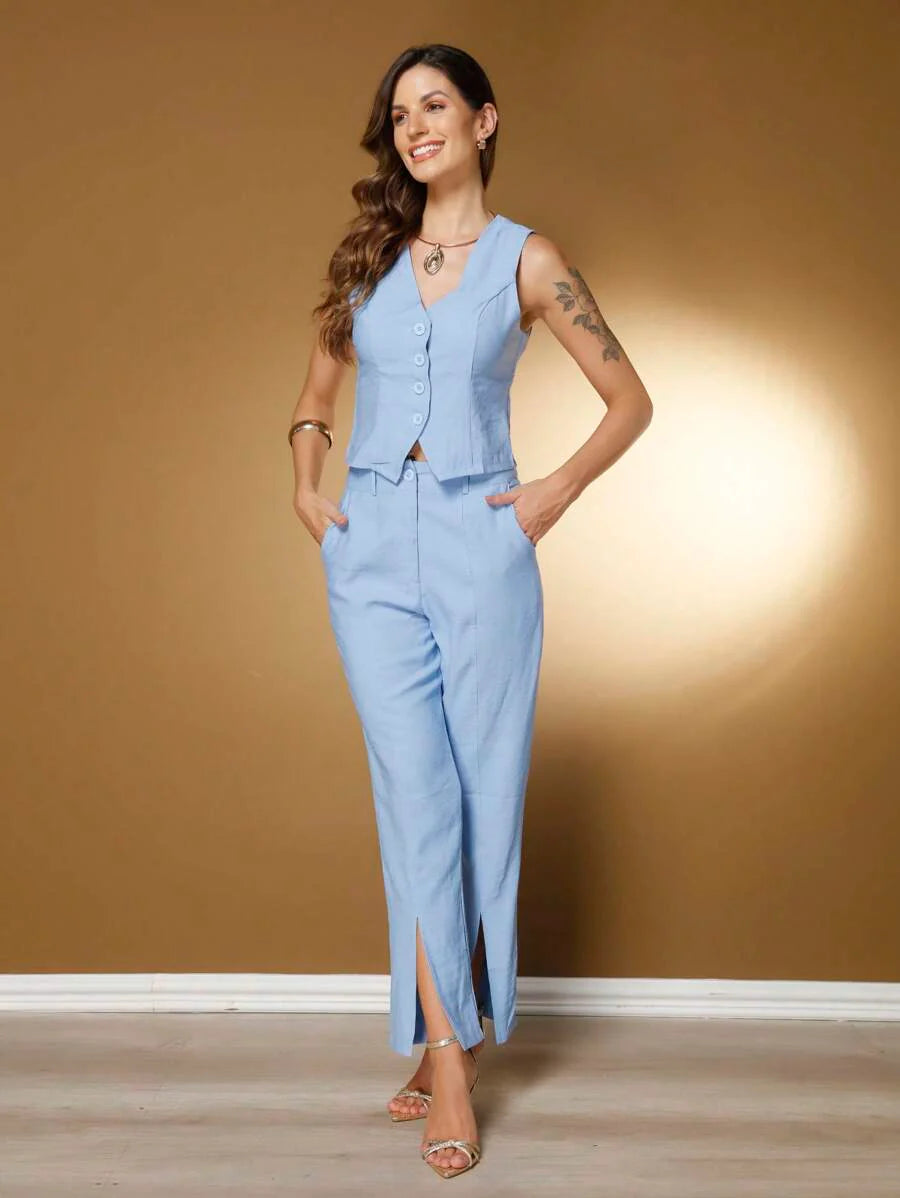 Conjunto Social Feminino com Colete e Calça em Tecido Marrant