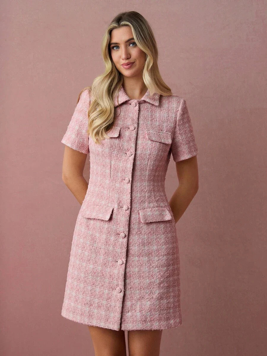 Vestido Rosa em Tecido Encorpado Xadrez