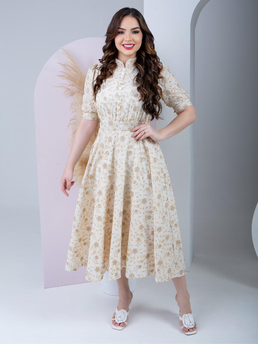 Vestido Clássico Elegante em Algodão Bordado