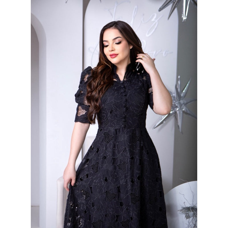 Vestido Longo com Gola V e Forro em Algodão