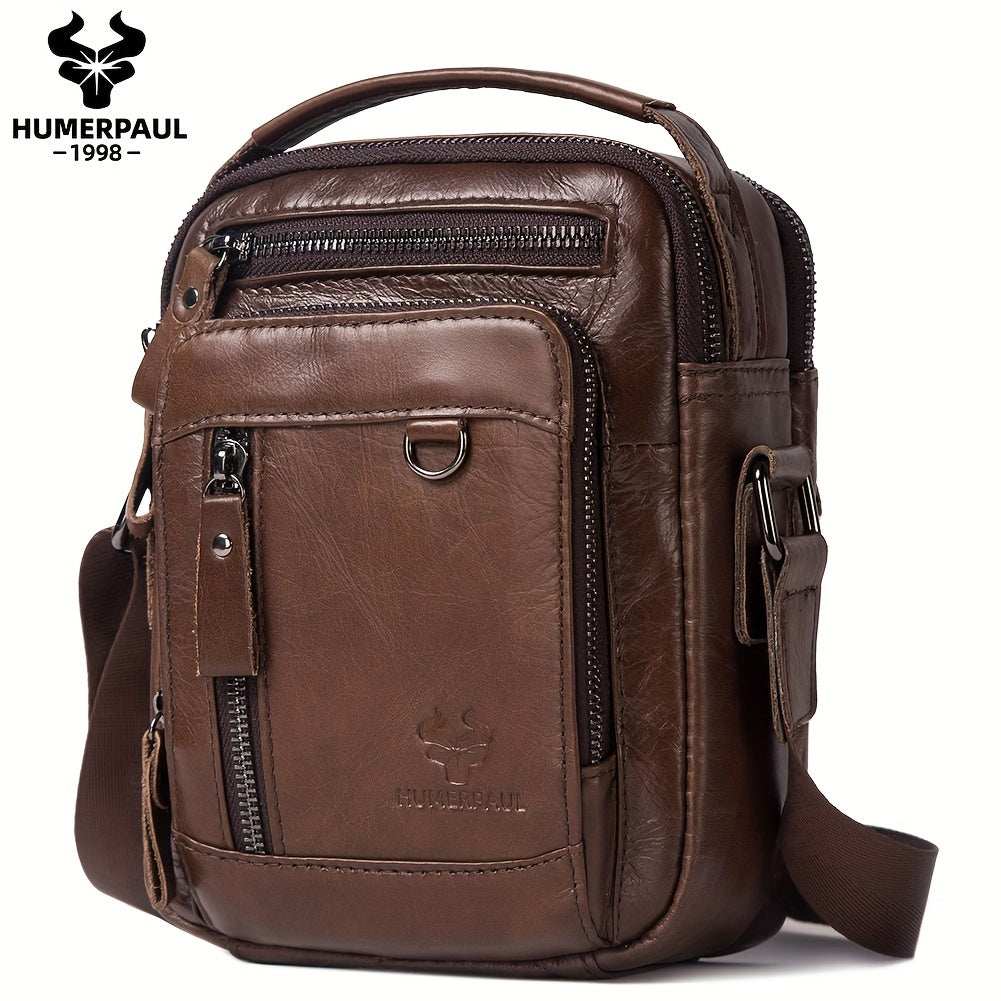 Moletom HUMERPAUL Masculino em Couro Genuíno - Mochila Transversal Conversível para Bolsa de Ombro, com Fecho Frontal e Alça Ajustável (100cm), Bolsos Laterais - Marrom Café para Negócios, Viagens ou Uso Diário - Design Durável e Fácil de Limpar