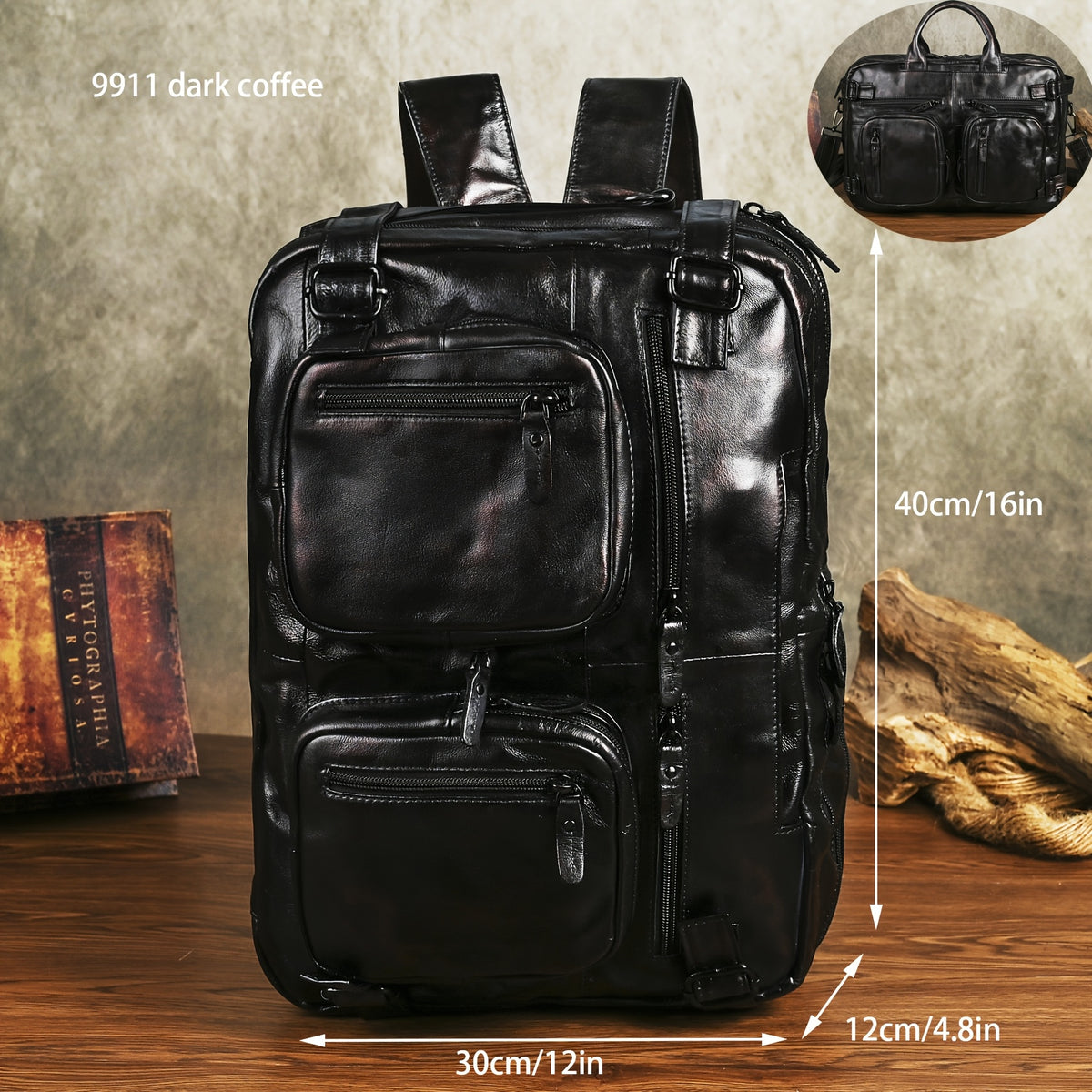 Mochila Masculina de Couro Crazy Horse Premium - 16 polegadas, Design Vintage Bicolor com Múltiplos Compartimentos & Alças Ajustáveis para o Dia a Dia, Mochila de Viagem