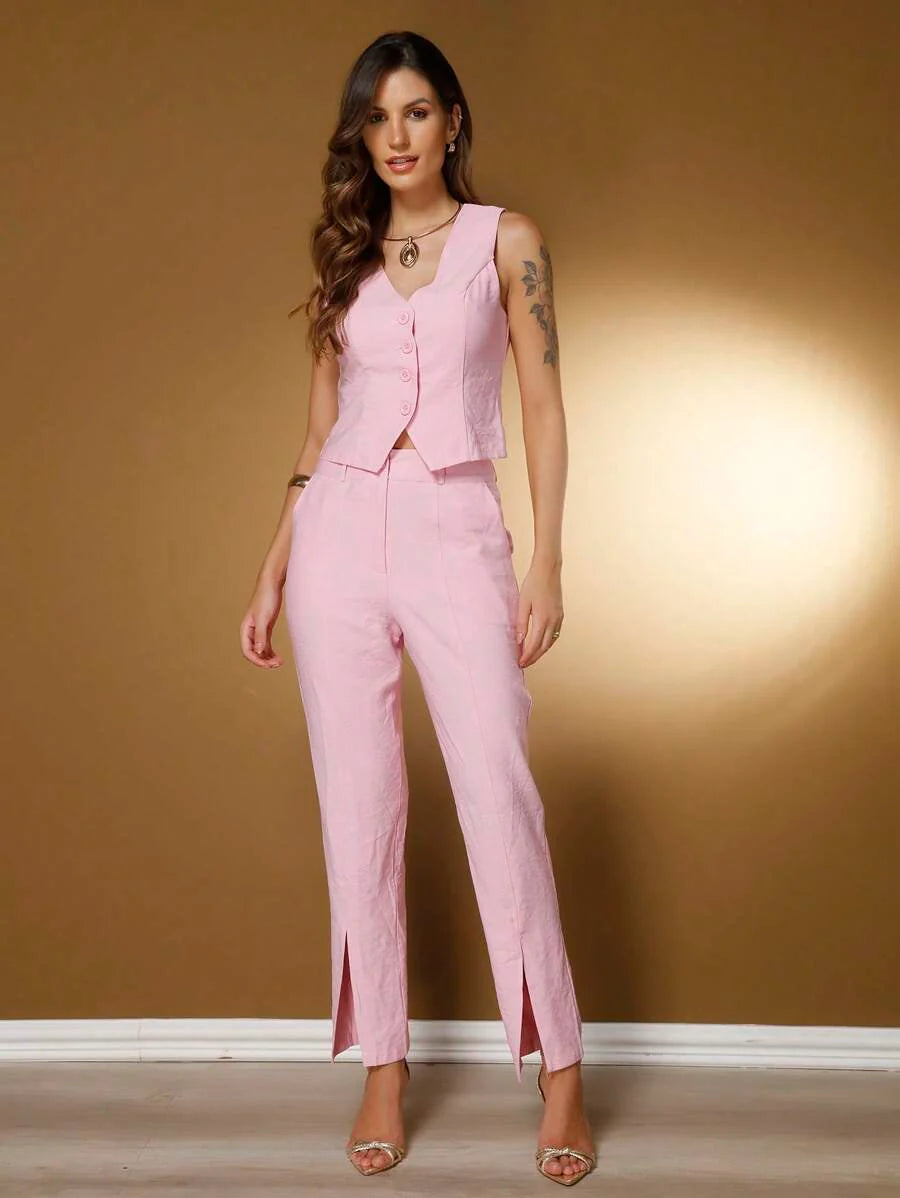 Conjunto Social Feminino com Colete e Calça em Tecido Marrant