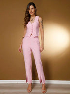 Conjunto Social Feminino com Colete e Calça em Tecido Marrant