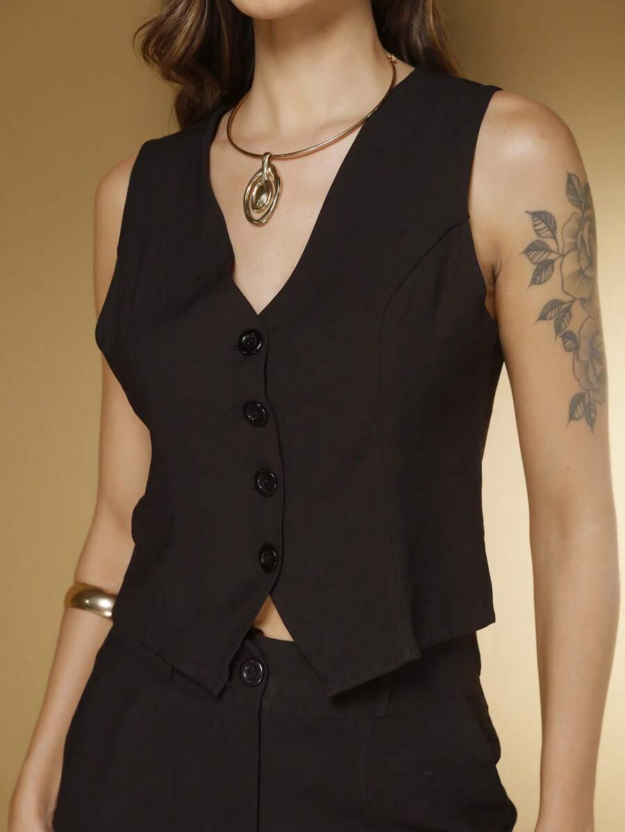 Conjunto Social Feminino com Colete e Calça em Tecido Marrant