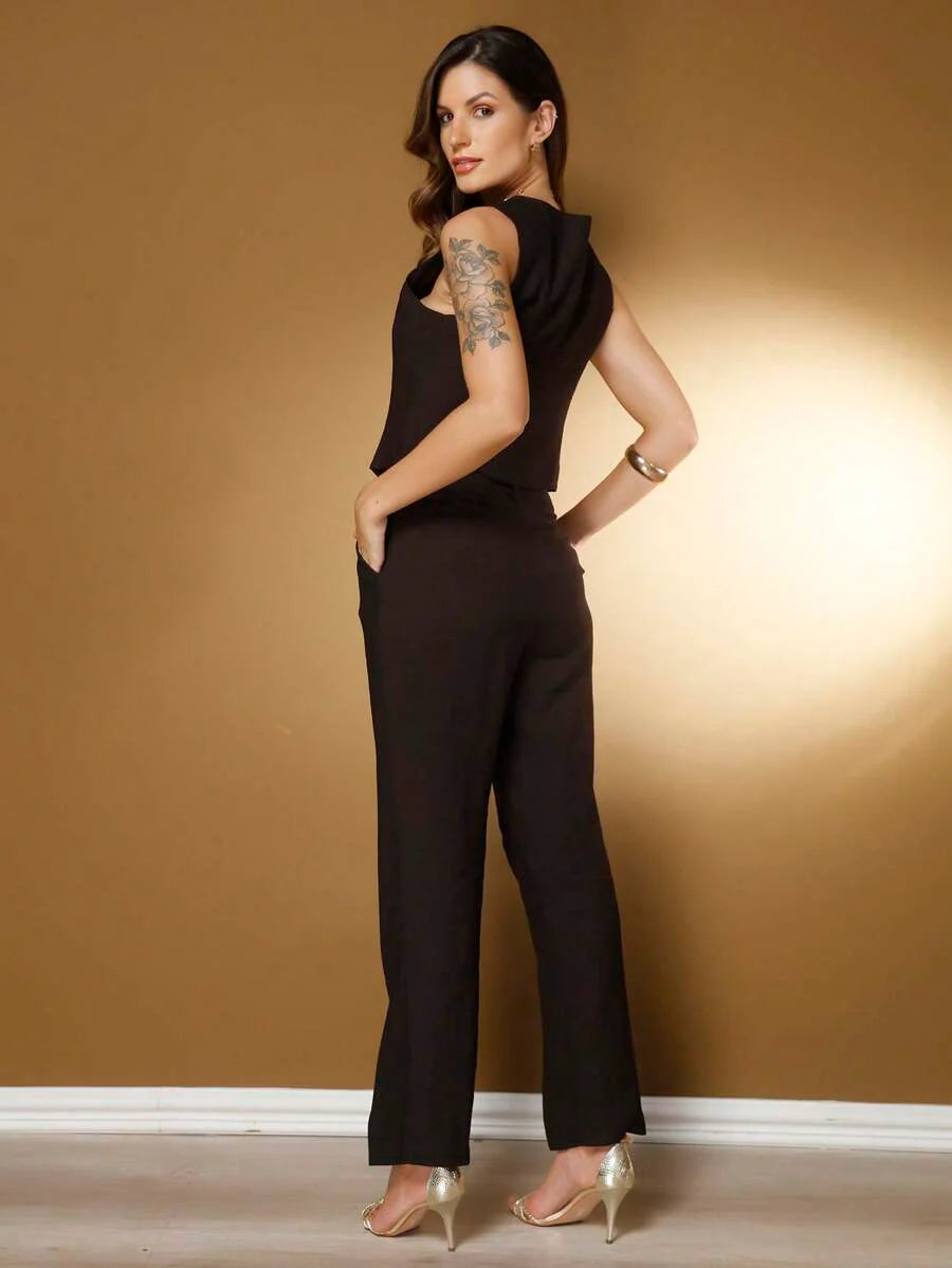 Conjunto Social Feminino com Colete e Calça em Tecido Marrant