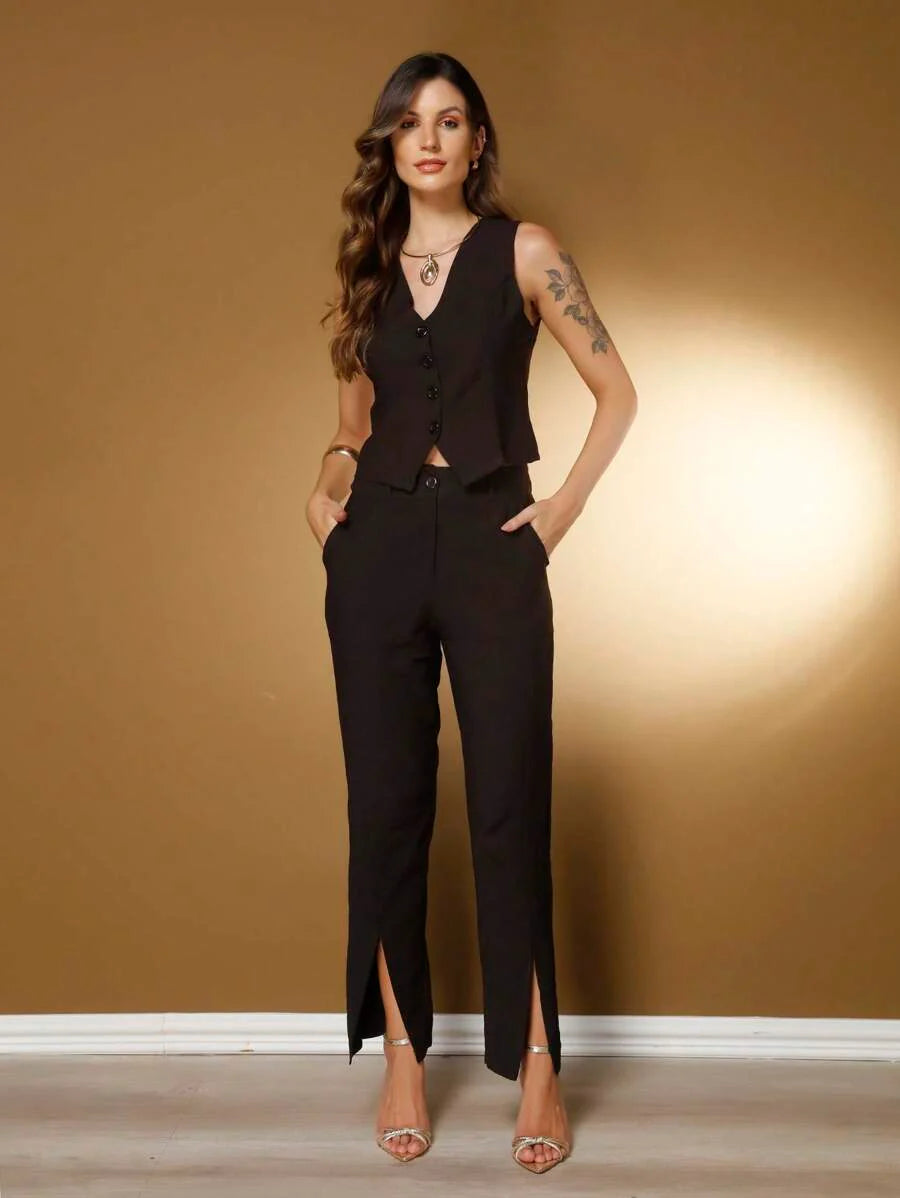 Conjunto Social Feminino com Colete e Calça em Tecido Marrant