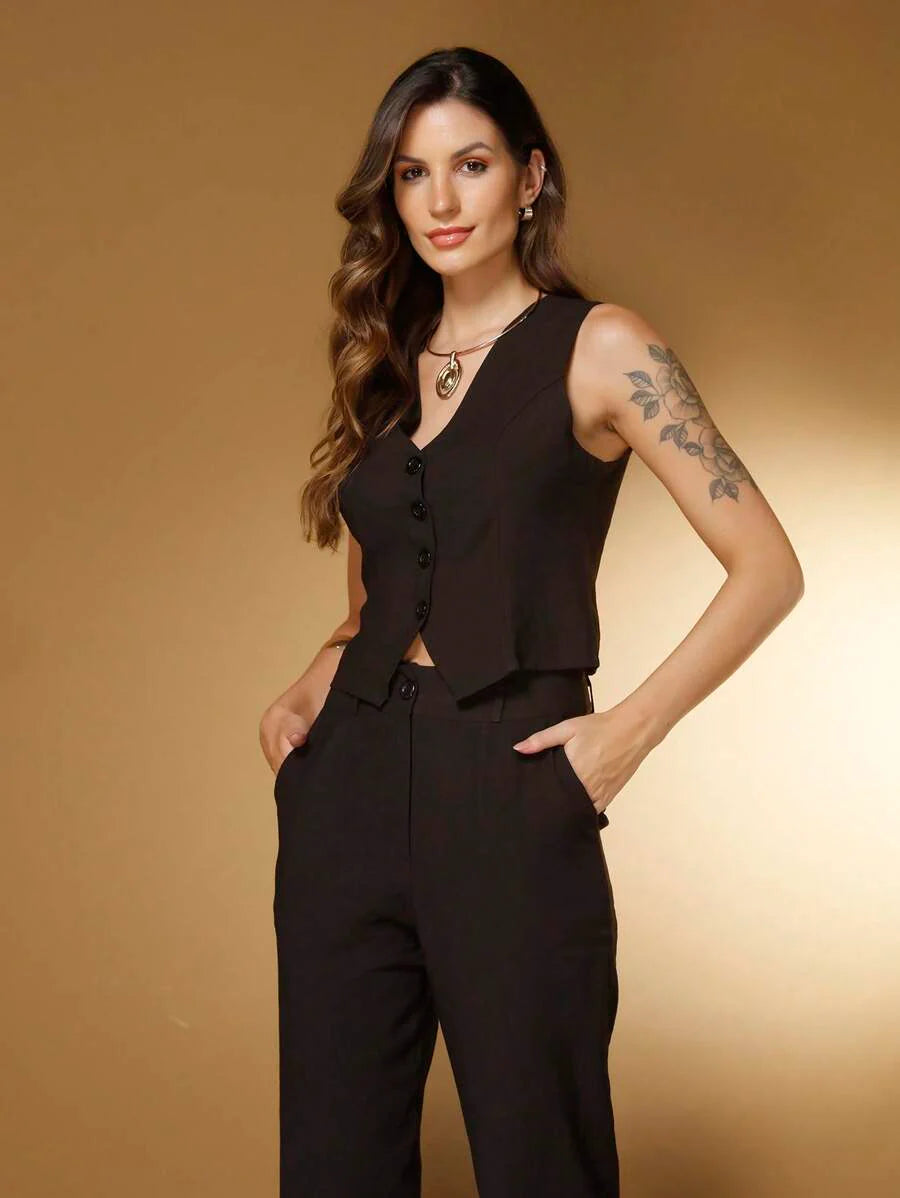 Conjunto Social Feminino com Colete e Calça em Tecido Marrant