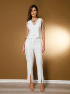 Conjunto Social Feminino com Colete e Calça em Tecido Marrant