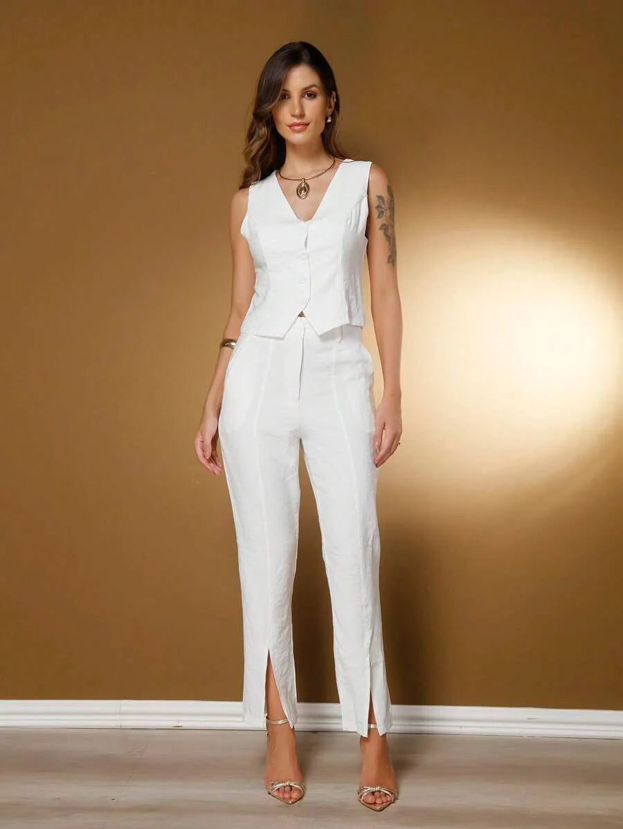 Conjunto Social Feminino com Colete e Calça em Tecido Marrant