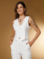 Conjunto Social Feminino com Colete e Calça em Tecido Marrant