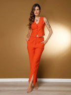 Conjunto Social Feminino com Colete e Calça em Tecido Marrant