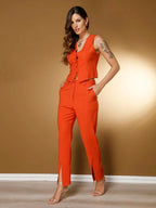 Conjunto Social Feminino com Colete e Calça em Tecido Marrant