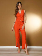 Conjunto Social Feminino com Colete e Calça em Tecido Marrant