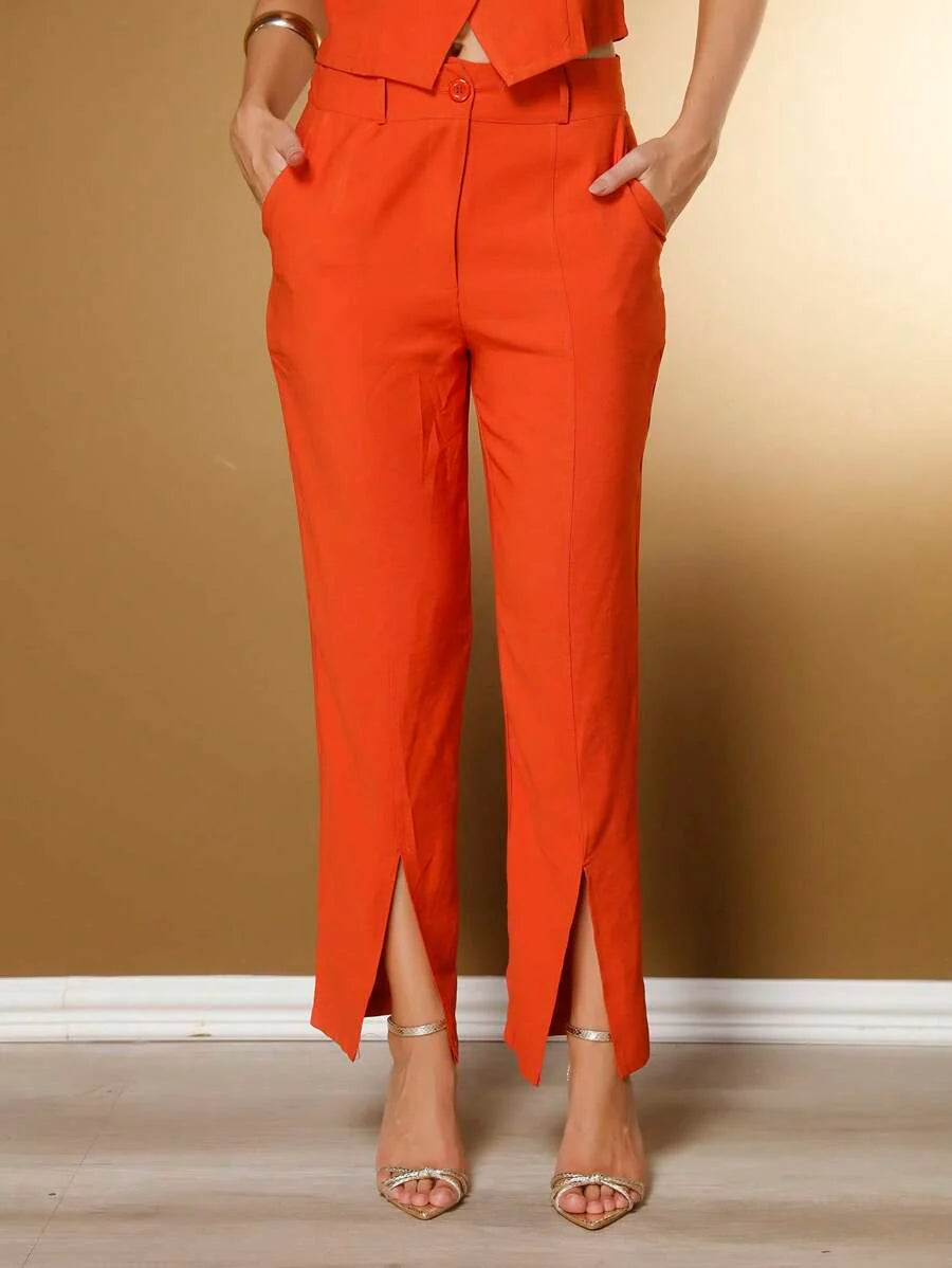 Conjunto Social Feminino com Colete e Calça em Tecido Marrant