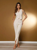 Conjunto Social Feminino com Colete e Calça em Tecido Marrant