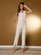 Conjunto Social Feminino com Colete e Calça em Tecido Marrant