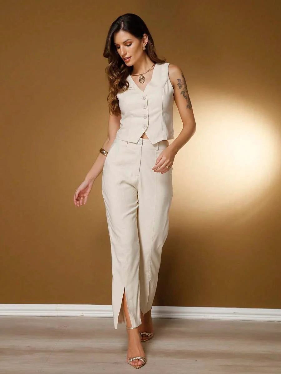 Conjunto Social Feminino com Colete e Calça em Tecido Marrant