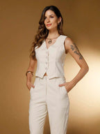 Conjunto Social Feminino com Colete e Calça em Tecido Marrant