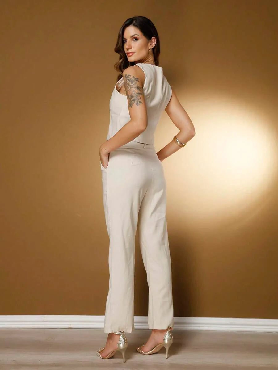 Conjunto Social Feminino com Colete e Calça em Tecido Marrant