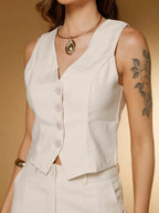 Conjunto Social Feminino com Colete e Calça em Tecido Marrant