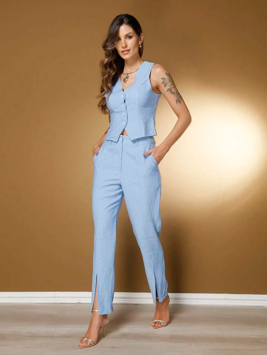 Conjunto Social Feminino com Colete e Calça em Tecido Marrant