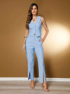 Conjunto Social Feminino com Colete e Calça em Tecido Marrant