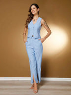 Conjunto Social Feminino com Colete e Calça em Tecido Marrant