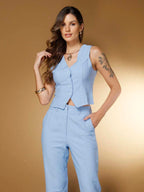 Conjunto Social Feminino com Colete e Calça em Tecido Marrant
