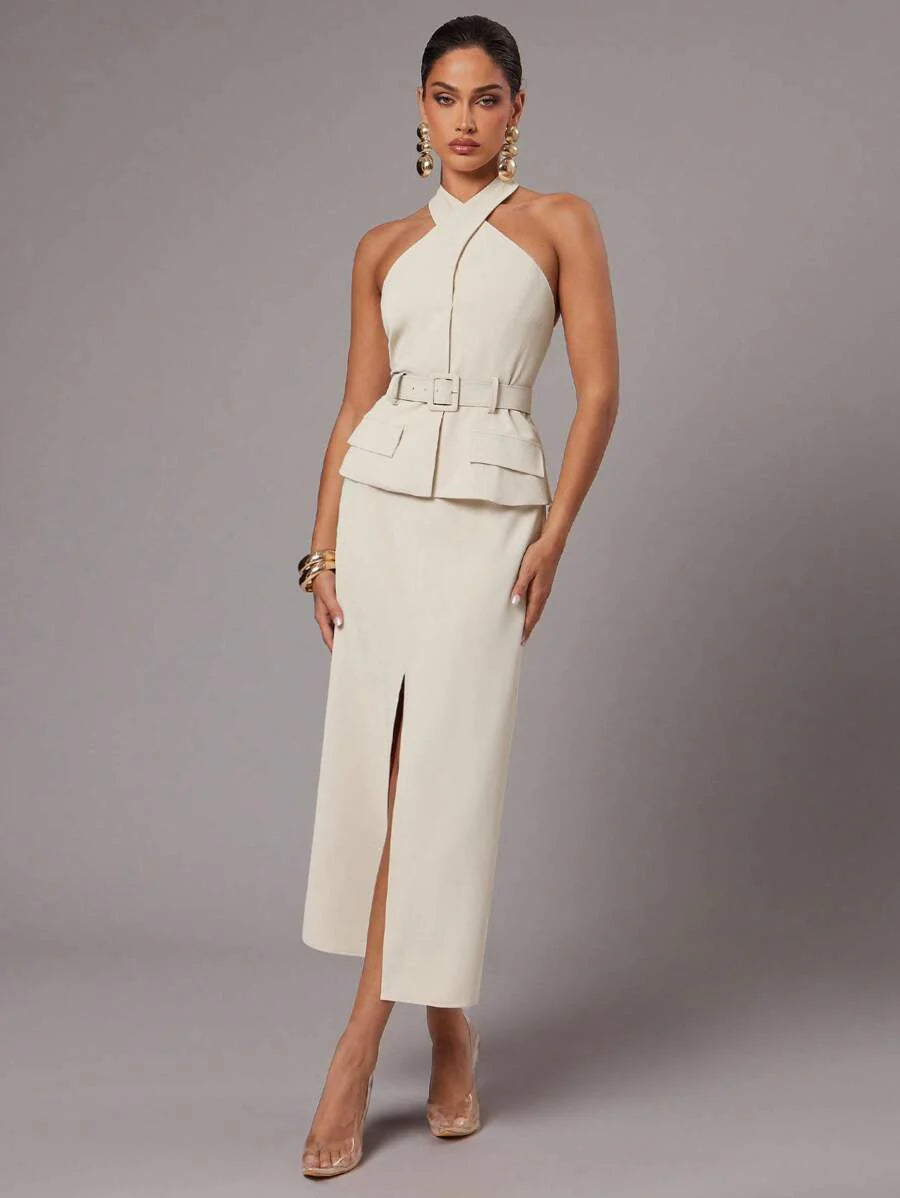 Conjunto Elegante com Top Frente Única e Saia Longa