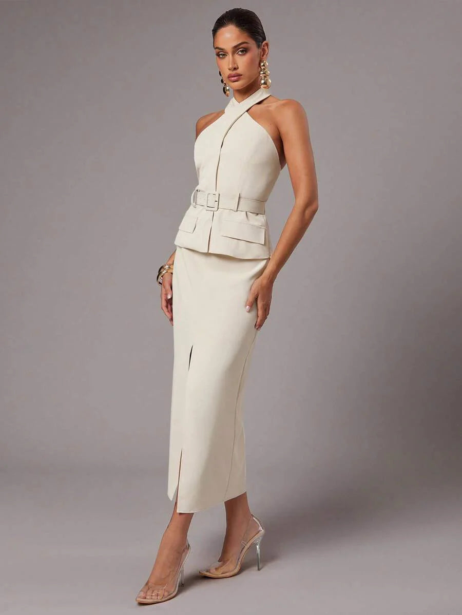 Conjunto Elegante com Top Frente Única e Saia Longa