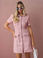 Vestido Rosa em Tecido Encorpado Xadrez