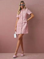 Vestido Rosa em Tecido Encorpado Xadrez