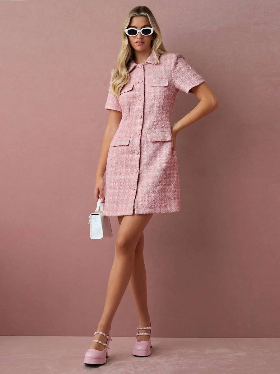 Vestido Rosa em Tecido Encorpado Xadrez