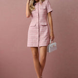 Vestido Rosa em Tecido Encorpado Xadrez