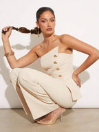 Conjunto 2 Peças Feminino Elegante com Top Sem Alça e Calça