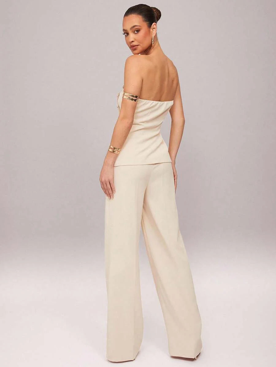 Conjunto 2 Peças Feminino Elegante com Top Sem Alça e Calça