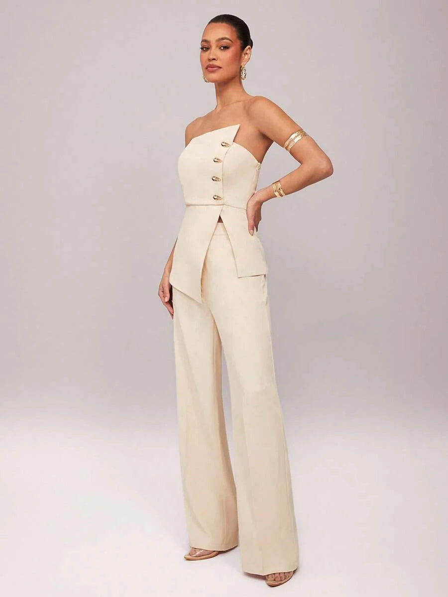 Conjunto 2 Peças Feminino Elegante com Top Sem Alça e Calça