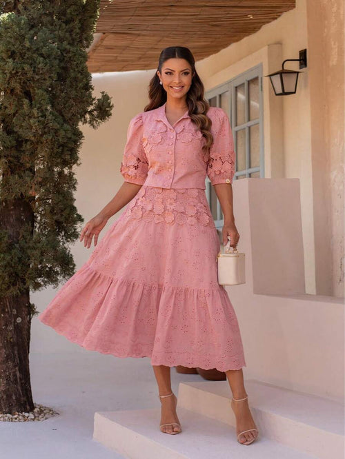 Conjunto 2 Peças com Blusa Cropped e Saia de Babados