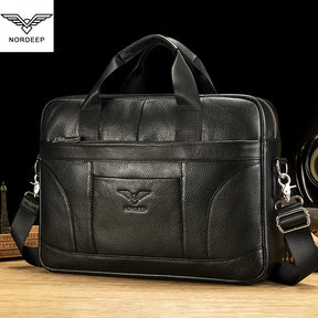 Mala de couro genuíno para homem da marca NORDEEP, mala de mão de couro de vaca, mochila multifuncional, bolsa de ombro casual e elegante, bolsa de mensageiro de couro de vaca de camada superior de grande capacidade, mala de negócios para laptop, bolsa de