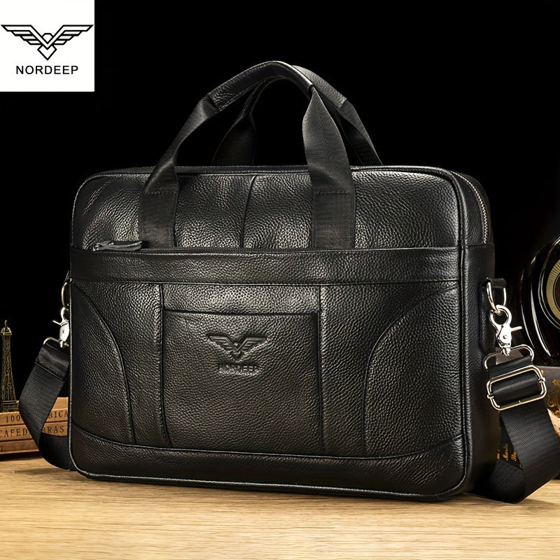 Mala de couro genuíno para homem da marca NORDEEP, mala de mão de couro de vaca, mochila multifuncional, bolsa de ombro casual e elegante, bolsa de mensageiro de couro de vaca de camada superior de grande capacidade, mala de negócios para laptop, bolsa de