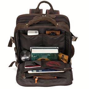 Mochila de Couro Vintage Crazy Horse para Homens, Grande Capacidade, Legítima, 43.18 cm, Mochila Expansível Multiuso, Camada Superior de Couro de Vaca, Mochila Casual de Viagem