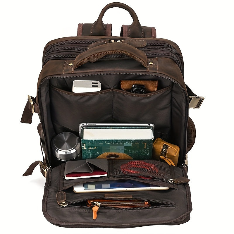 Mochila de Couro Vintage Crazy Horse para Homens, Grande Capacidade, Legítima, 43.18 cm, Mochila Expansível Multiuso, Camada Superior de Couro de Vaca, Mochila Casual de Viagem