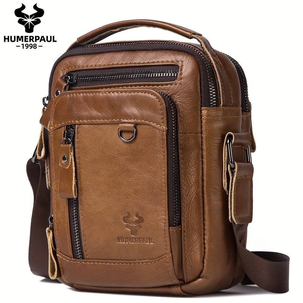 Moletom HUMERPAUL Masculino em Couro Genuíno - Mochila Transversal Conversível para Bolsa de Ombro, com Fecho Frontal e Alça Ajustável (100cm), Bolsos Laterais - Marrom Café para Negócios, Viagens ou Uso Diário - Design Durável e Fácil de Limpar