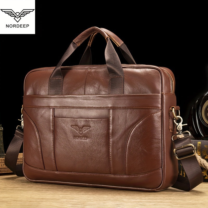 Mala de couro genuíno para homem da marca NORDEEP, mala de mão de couro de vaca, mochila multifuncional, bolsa de ombro casual e elegante, bolsa de mensageiro de couro de vaca de camada superior de grande capacidade, mala de negócios para laptop, bolsa de
