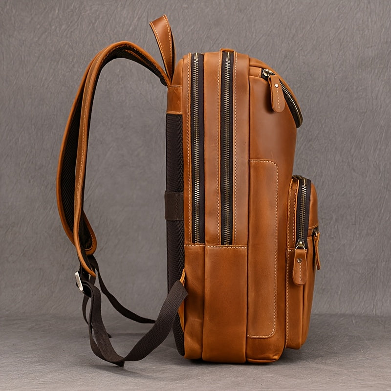 Mochila de Couro Genuíno Masculina - Capacidade Grande de 40.64cm, Estilo Retro Marrom com Múltiplos Compartimentos com Zíper, Bolsa Funcional para Negócios e Viagens para Passeios Casuais, Bolsa de Comutação | Design Funcional | Bolsa de Couro Durável